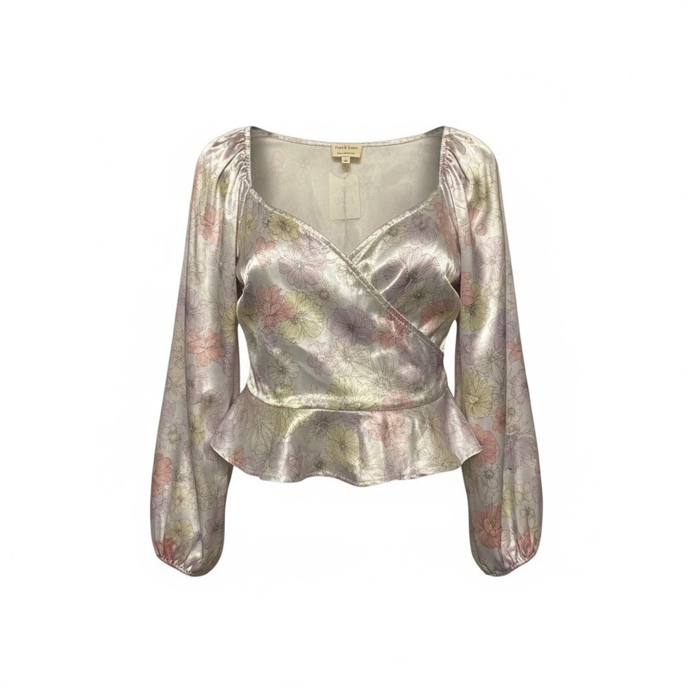 Peach Love California Satin Floral Wrap Blouse NWT M Pastel Peplum Top 🇺🇸